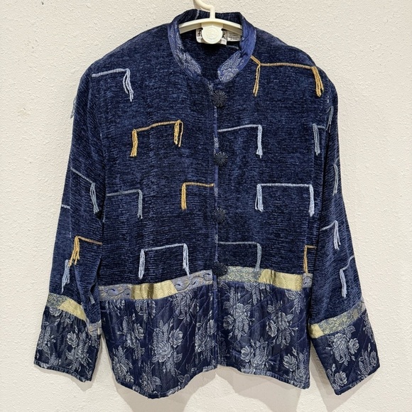 Flashback Jackets & Blazers - Flashback Jacket Blue/Gold Blazer Velvet Satin Patchwork Boho Women’s Size Small